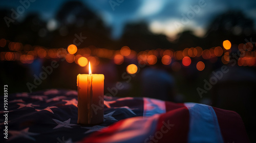 A solemn candlelight vigil held by veterans at dusk, remembering those who didn’t come home, Memorial Day, with copy space