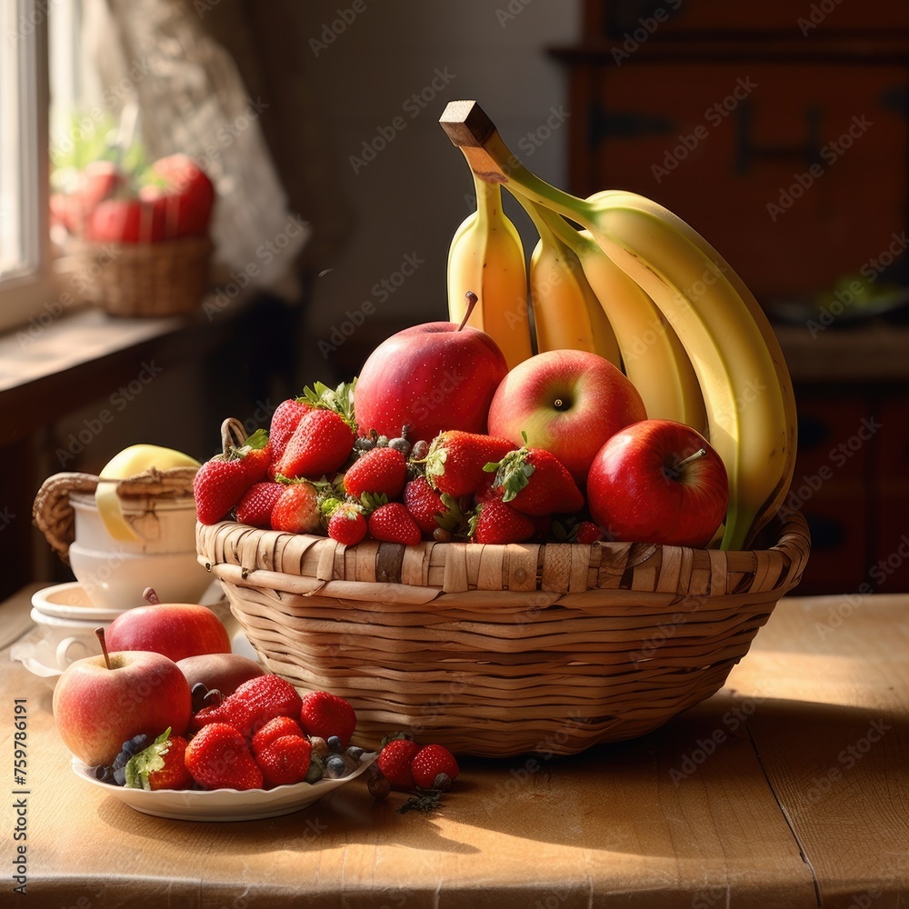 Wicker basket with delicious bananas, apples, strawberries. Appetizing and fresh fruits and vegetables. Wicker basket with delicious bananas, apples, strawberries. Appetizing and fresh fruits and vegetables.