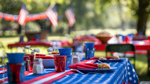 An outdoor breakfast for veterans, with tables decorated in red, white, and blue, celebrating camaraderie on Memorial Day, with copy space © Катерина Євтехова