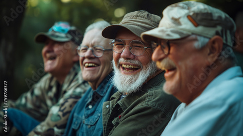 A moment of laughter among veterans sharing old war stories, finding joy amidst the solemnity of Memorial Day, with copy space