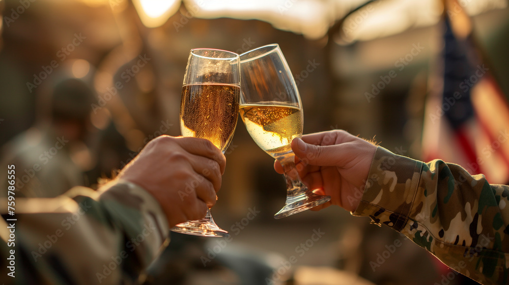 Veterans sharing a toast in honor of absent friends, a glass raised in remembrance on Memorial Day, with copy space - obrazy, fototapety, plakaty 