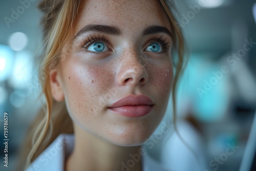 A contemplative young woman with freckles gazing upwards, lit with soft, natural light