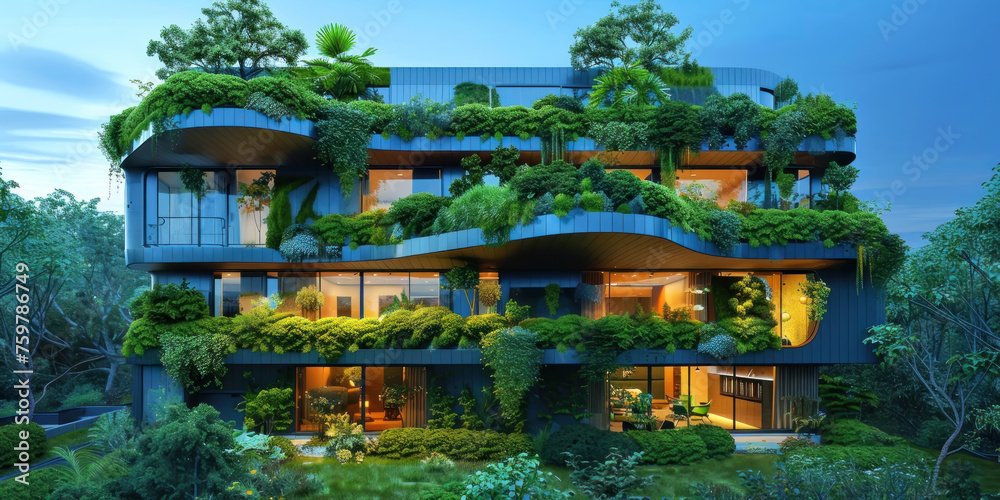 Renewable Office, Green trees merging with building, Sustainable Architecture