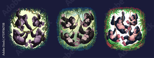 Playful gorilla family jungle swing vector illustration set. Generative AI