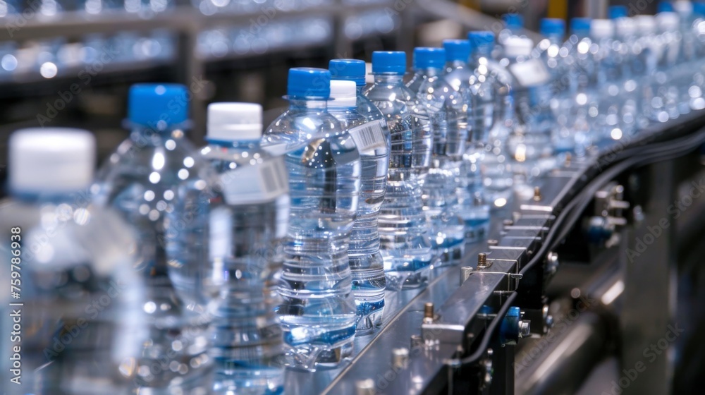 Bottled water production plant, bottles are labeled and packaged in a clean and orderly manner Bottled water production plant, bottles are labeled and packaged in a clean and orderly manner