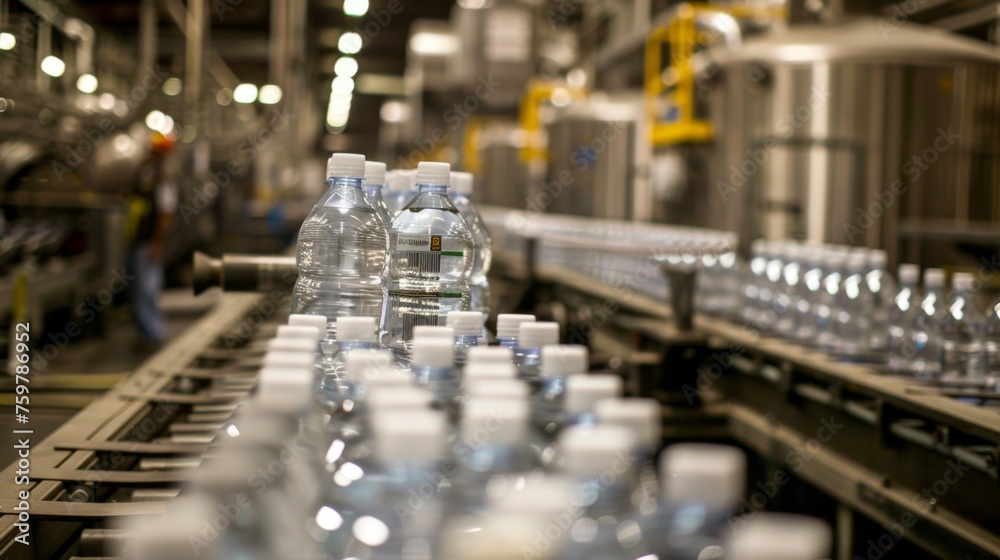 Bottled water production plant, bottles are labeled and packaged in a clean and orderly manner