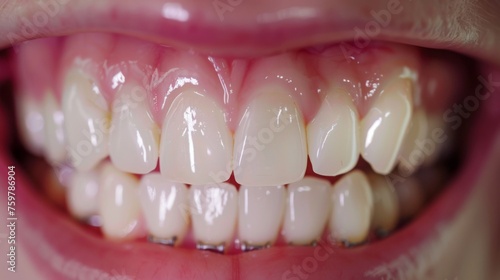 Teeth of a young man with braces, the process of orthodontic treatment to straighten teeth.