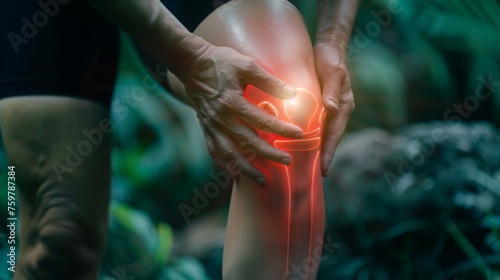 A person's hand touches their knee, with a slight red glow around the knee joint, indicating discomfort or injury. Ideal for conveying the concept of joint pain or sports injuries.