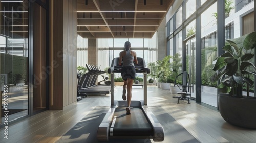Girl getting up on a treadmill in a modern gym