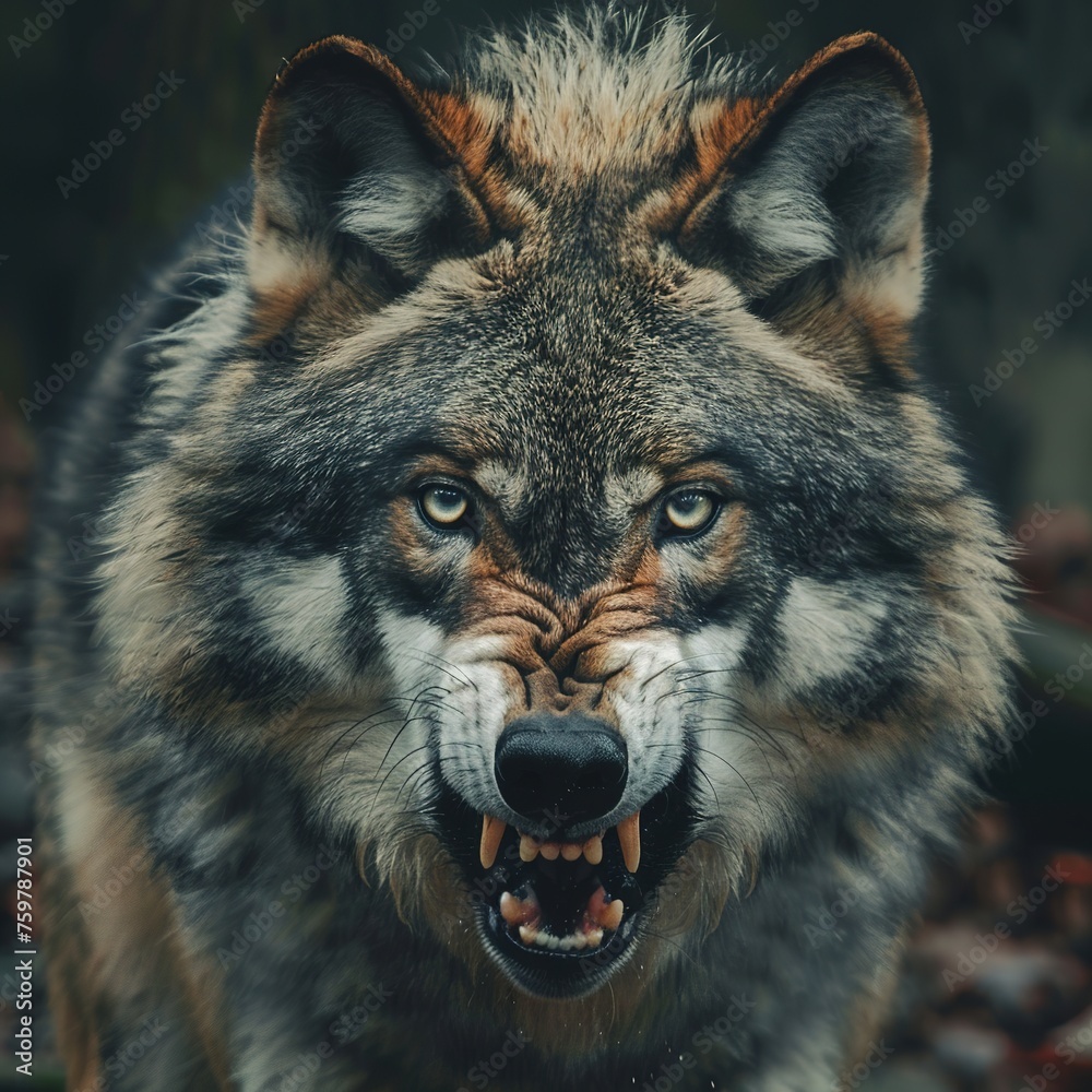 Fototapeta premium Wolf looking in Camera intens angry portrait