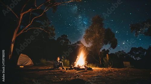 Crackling campfire fills the dark forest with warm light under a starry night sky