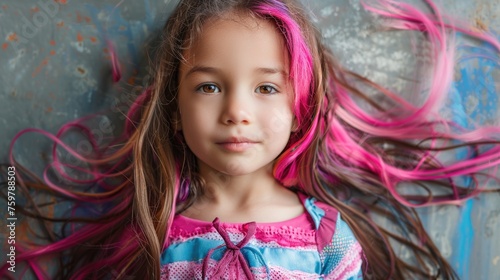 A fashionable stylish young girl showcases her pink colored hair, streaked hair, embodying the playfulness and brightness of youth, self-expression