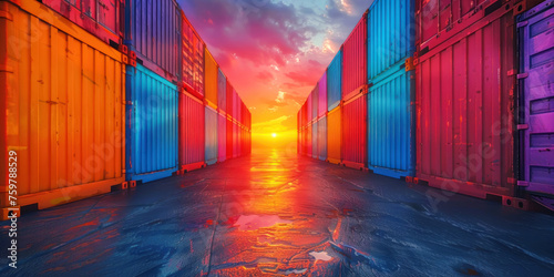 Trade Corridors, Sunset between colorful cargo containers, International Shipping