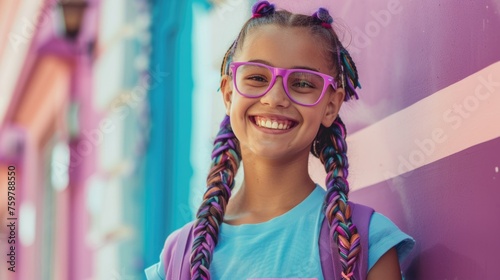Smiling young girl with colorful braids captures the vibrancy of life against a backdrop of lively city streets, girl with a radiant smile showcases her rainbow-colored hair, diversity, expression
