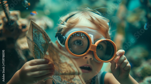 child looking through binoculars underwater discovery.