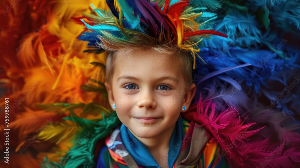 A child boy's vibrant rainbow hair and bright smile against a playful, colorful background evoke pure childhood delight A child boy's vibrant rainbow hair and bright smile against a playful, colorful background evoke pure childhood delight