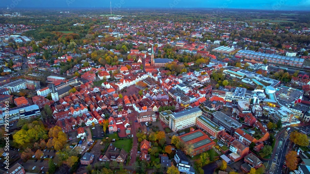 Aerial of the old town in the city Haren on an overcast day in autumn in Germany.	