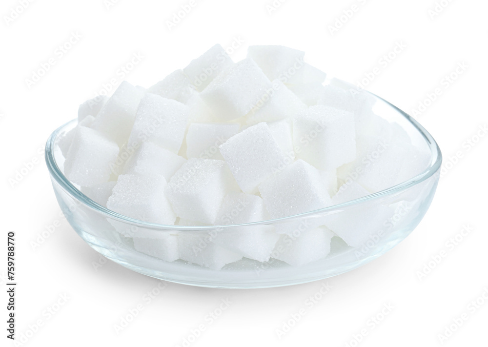 Sugar cubes in bowl isolated on white Sugar cubes in bowl isolated on white