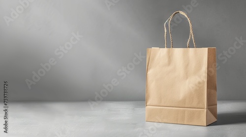 One paper bag on green background
