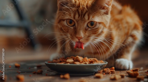 Ginger cat enjoying food, food scattered in a bowl