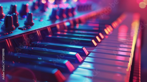 Electric Neon Keyboard in Concert, Perfect for Music and Technology Themes © R Studio