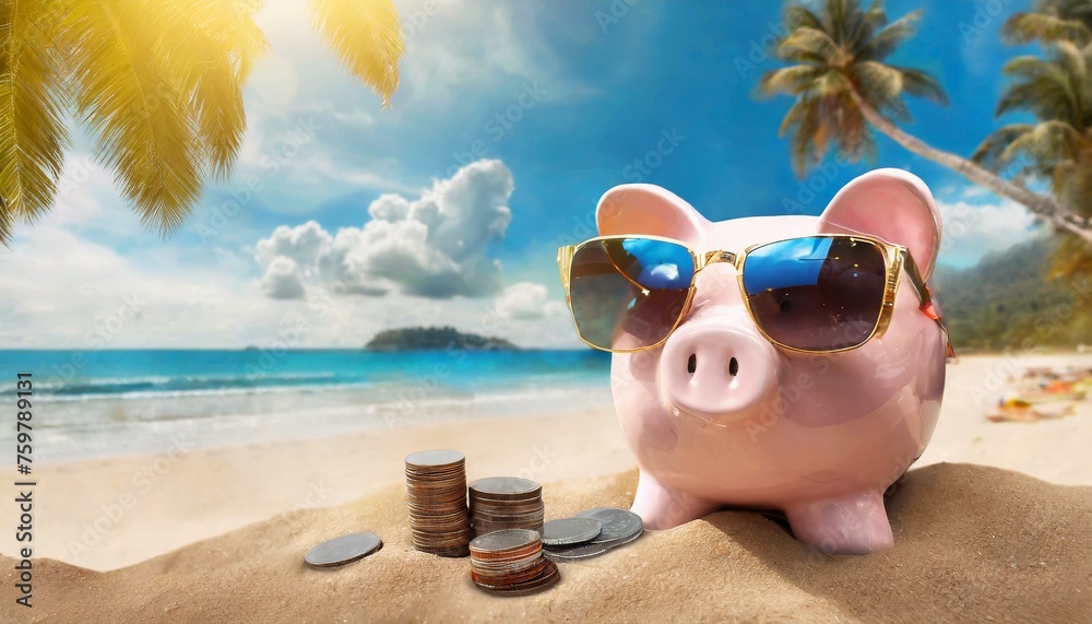 Ein Sparschwein am Strand das die Sonne genießt und Geld verdient bzw. einen günstigen Urlaub ergattert hat. - obrazy, fototapety, plakaty 