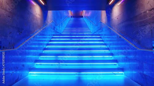 Enlightened Path, Blue illuminated stairs, Futuristic Journey
