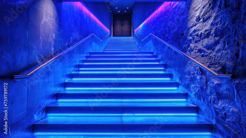Enlightened Path, Blue illuminated stairs, Futuristic Journey