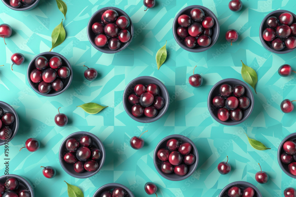 Fresh cherries arranged in bowls with leaves on blue and white checkered background, vibrant and colorful summer fruit display Fresh cherries arranged in bowls with leaves on blue and white checkered background, vibrant and colorful summer fruit display