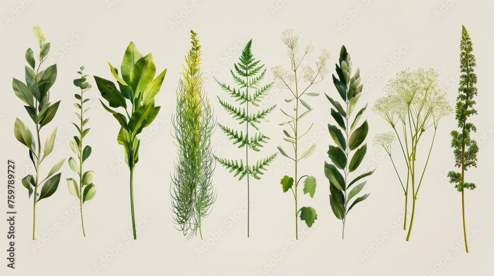 Botanical Illustration of Varied Greenery, Perfect for Educational and Nature Projects