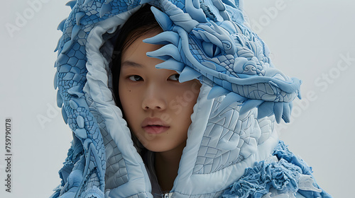 woman wearing surreal blue dragon shaped quilted hoodie with a voluminous layers of dragon texture, the hood part is made of blue dragons head , use blue and white as colour, avantgarde futurepunk sty photo