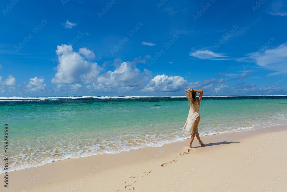 Beautiful young woman on the background of the Bali island sea Beautiful young woman on the background of the Bali island sea