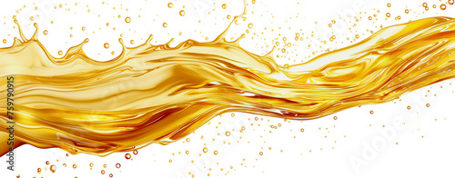 Oily liquid or oil splash isolated on white background, horizontal wave of yellow oil and ink moving in one direction, horizontal wavy lines of engine still life with liquid, generative ai