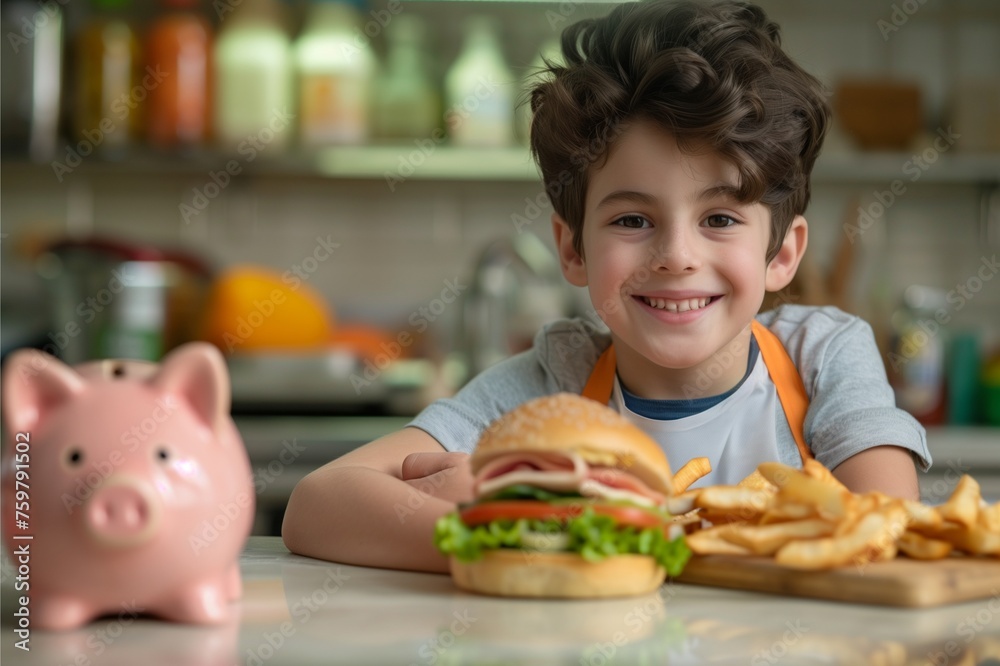 A child happily as a young merchant for making hamburger and selling hamburger at a small stall, showing a big smile that he earn money for his piggy bank A child happily as a young merchant for making hamburger and selling hamburger at a small stall, showing a big smile that he earn money for his piggy bank