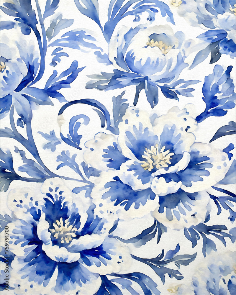 Blue and white floral background in the style of chinoiserie painting, reminiscent of traditional English porcelain.
