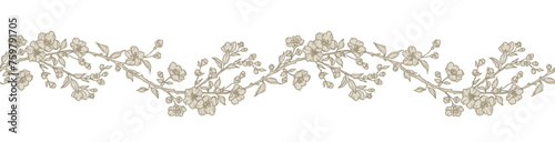 Floral border with blooming branches, leaves and flowers. Spring seamless horizontal pattern with a beautiful garland in line art style with neutral color. Vector vintage illustration