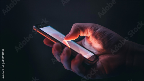 Hand holding and touch mobile smartphone on background