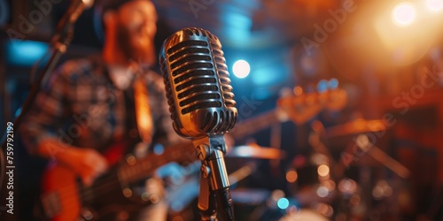 Close up of a microphone at a live music performance with a guitarist in the background