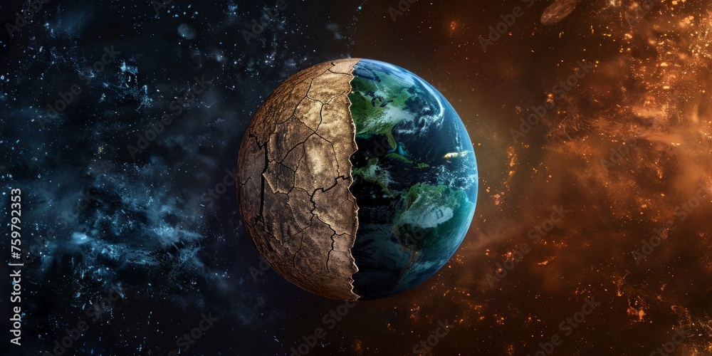 Conceptual representation of a healthy planet and a dying planet