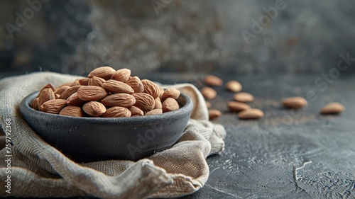 Hearty almonds in a dark clay dish on a linen cloth