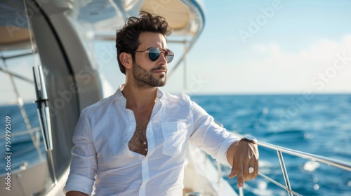 A man in elegant casual clothes and sunglasses on the deck of a yacht, meticulous designer style. The concept of a business and successful man who relaxes on a business trip. © Sanja