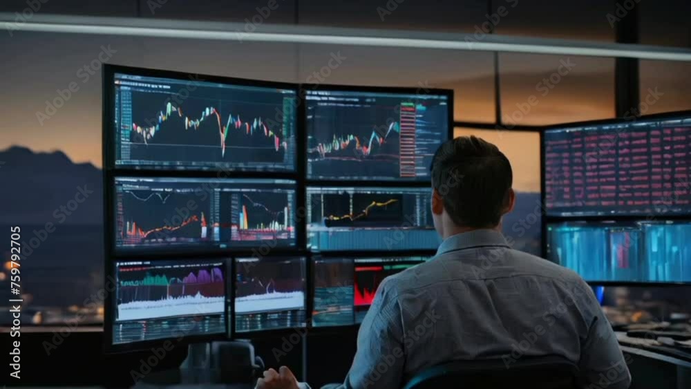 A person sitting at a sleek modern desk, surrounded by computer screens displaying stock market data and financial charts, while holding a tablet showing a diversified portfolio of stocks and bonds