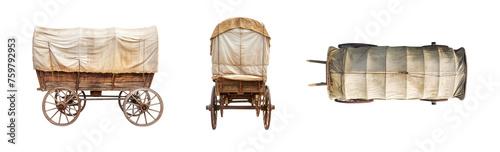 Covered wagon. Pioneer wagon from the 18th and 19th century. Various angles. Side angle, front angle and top angle. Isolated transparent PNG. Conestoga wagon. western expansion of the United States. photo