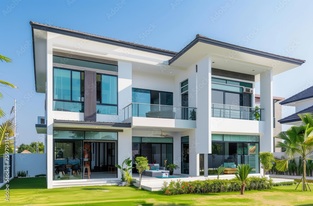 Modern house exterior design in the village of Thailand with blue sky, green grass and trees background, real estate concept