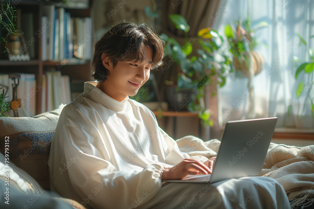 Young man wearing a white blouse and with a smile on his face using a laptop sitting on the sofa Young man wearing a white blouse and with a smile on his face using a laptop sitting on the sofa