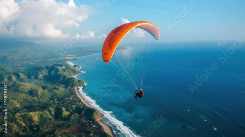 Paragliding in the sky. Paraglider tandem flying over the sea with blue water and mountains in bright sunny day. Aerial view of paraglider © Volodymyr Shcerbak