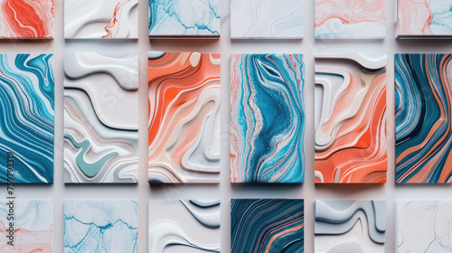 Design a series of ethereal mockups showcasing abstract patterns and textures resembling marble in a unique, alternative style kYRhqv4P, illustrations