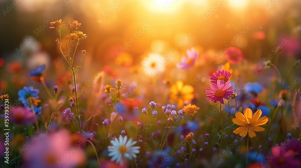 Wildflowers in a field under the golden hour sun