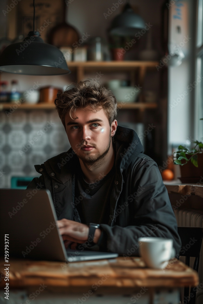 a young man working on a modern laptop in his own apartment a young man working on a modern laptop in his own apartment