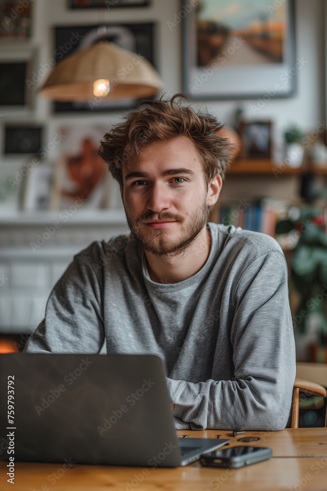 a young man working on a modern laptop in his own apartment a young man working on a modern laptop in his own apartment